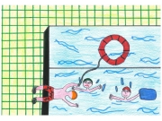 Il bagnino getta il salvagente in piscina (Stefano, Lorenzo e Cecilia)
